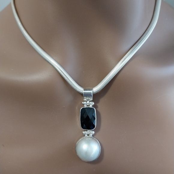 Silver  Necklace Perl Mabe & Gemstone - Picture 10 of 15